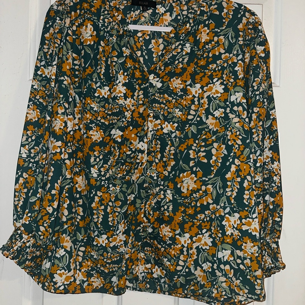 Floral Blouse with Green and Yellow Pattern